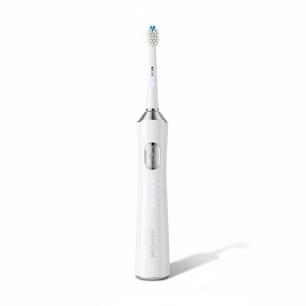 Glossy white electric toothbrush with silver accents