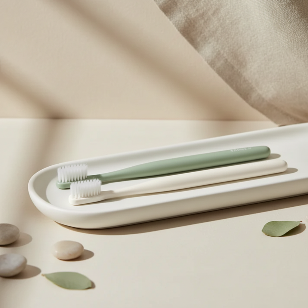 Toothbrushes on ceramic tray